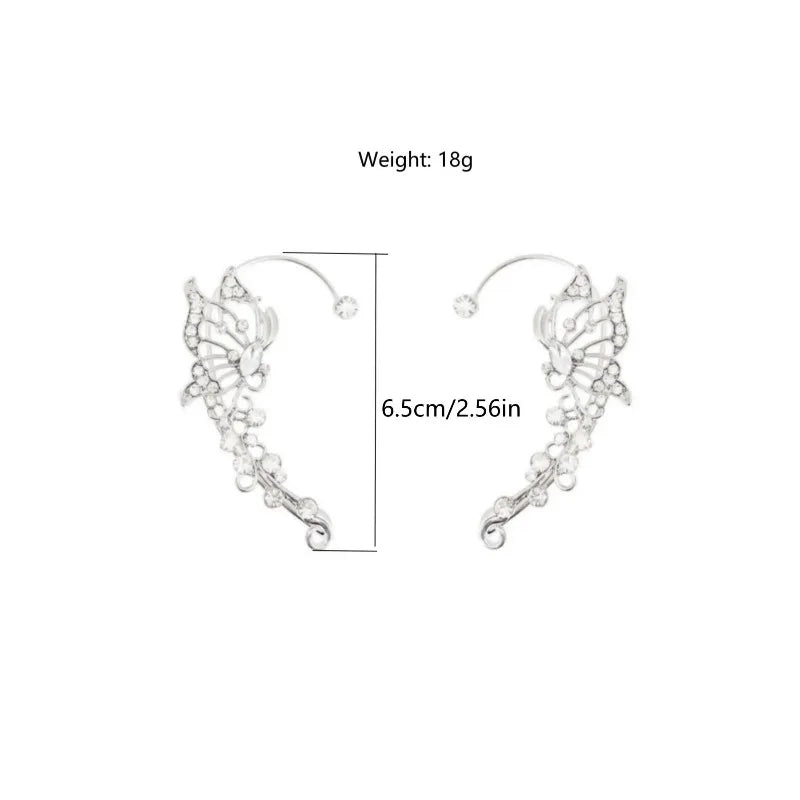 French Style Large Crystal Butterfly Ear Hook Clip Earrings Unique Hollow Wing Dangle Ear Cuff High End Nightclub Gown Fine Jewelry
