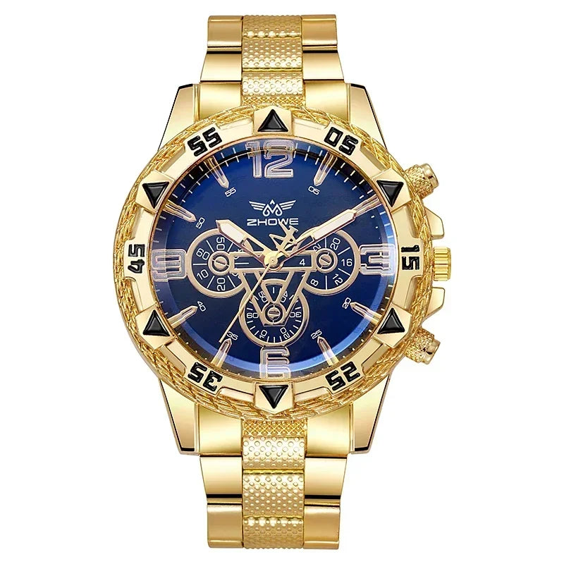 Luxury Watch Classic Large Dial Alloy Steel Strip Blue Light Three Eye Quartz Watch mbzr