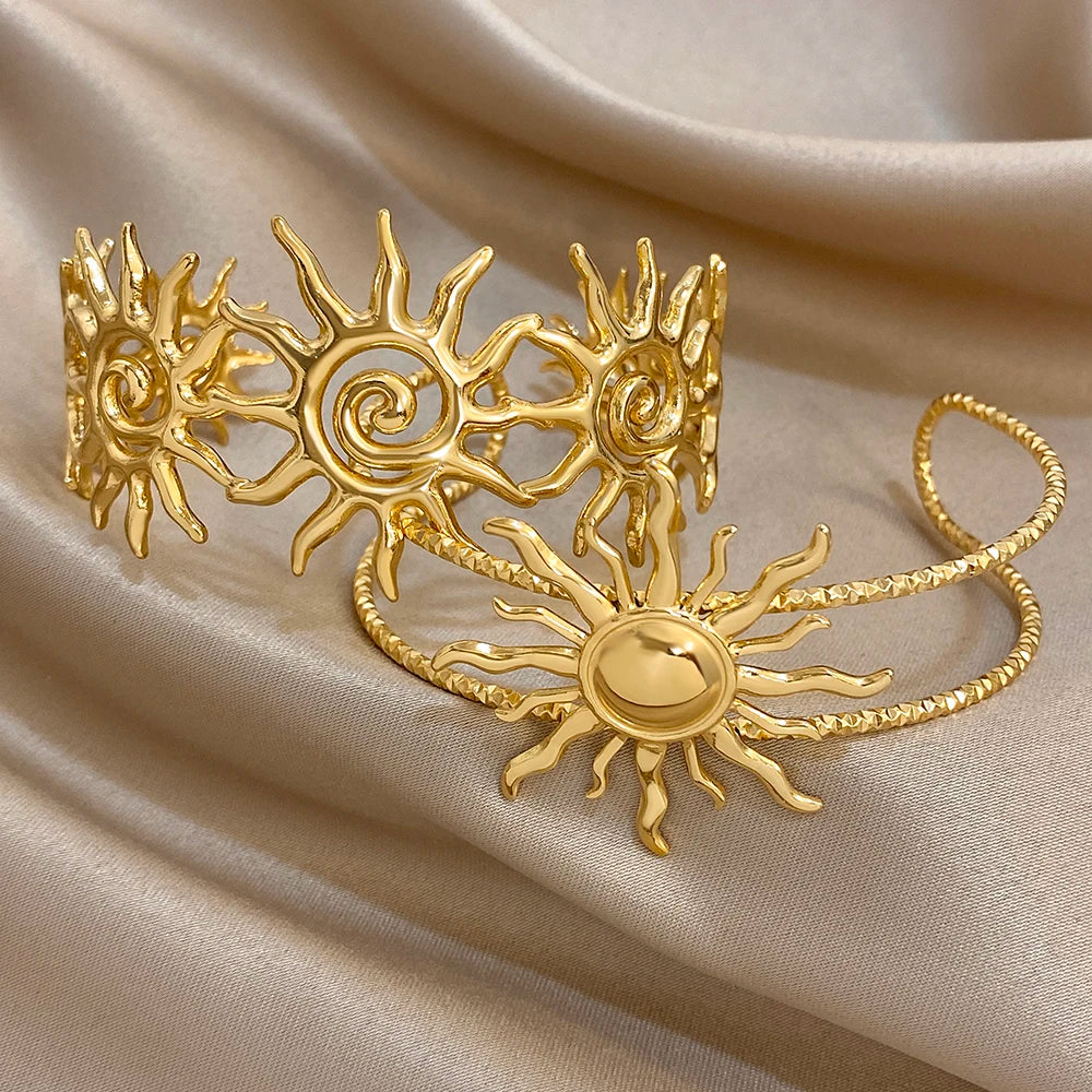 316L Stainless Steel Sunflower Open Cuff  Bangles Bracelet Y2K Gold Plated Waterproof Charms Jewelry Women's Men Gifts