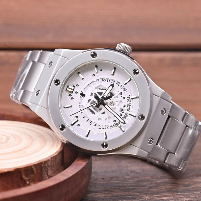 Fashion Luxury‑Style Mens Quartz Wristwatch Hollow‑Cut Dial Alloy Case Metal Strap Date Display Daily‑Waterproof Casual Sports Watch for Men