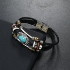 Men Bohemian Bracelet Imitation Turquoise Beaded Leather Durable Stainless Steel Clasp Cuff Hand Jewelry