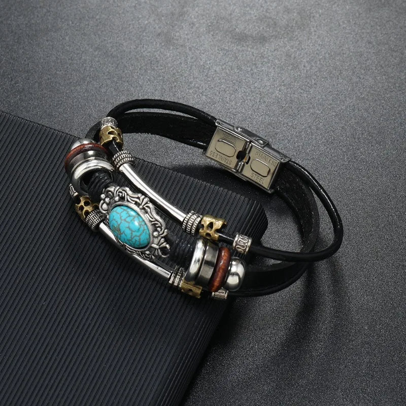 Men Bohemian Bracelet Imitation Turquoise Beaded Leather Durable Stainless Steel Clasp Cuff Hand Jewelry