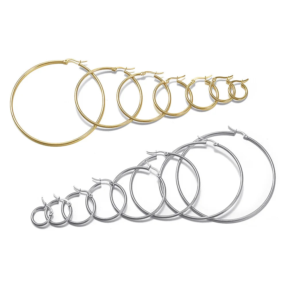 Gold Color Stainless Steel Hoop Earrings For Women And Men Big Small Circle Round Ear Jewelry Korean Style Popular Hoop Earrings For Women And Men Made Of Stainless Steel In Gold Color With Big And Small Circle Design Ideal F