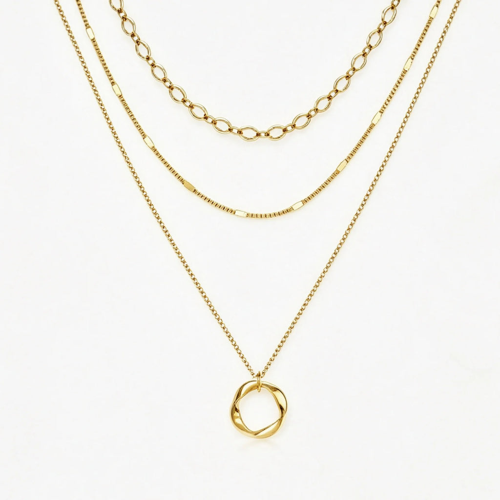 Multi‑Layer Gold Tone Zinc Alloy Necklace Textured Circle Pendant Daily Neckwear