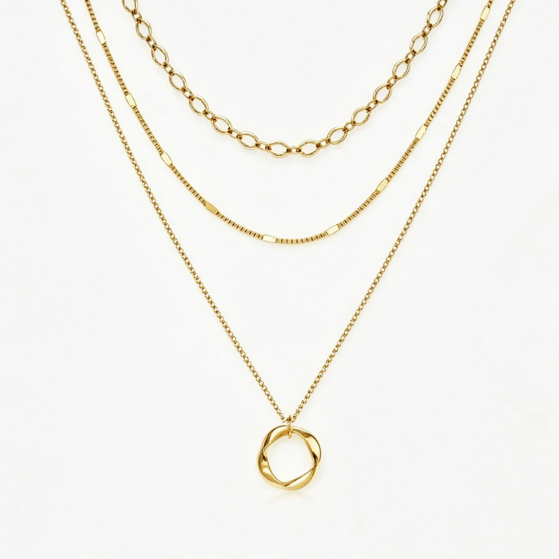 Multi‑Layer Gold Tone Zinc Alloy Necklace Textured Circle Pendant Daily Neckwear