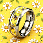 Elegant bee daisy stainless steel ring 8mm wide 304L anti-allergic, scratch-proof, wear-resistant and non-fading ring, male and female couples rings use the same niche design, suitable for student parties/nature lovers/gifts/