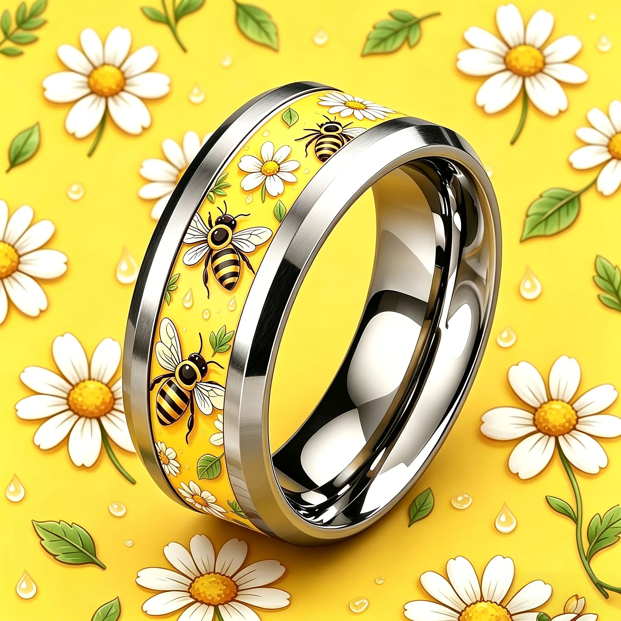 Elegant bee daisy stainless steel ring 8mm wide 304L anti-allergic, scratch-proof, wear-resistant and non-fading ring, male and female couples rings use the same niche design, suitable for student parties/nature lovers/gifts/
