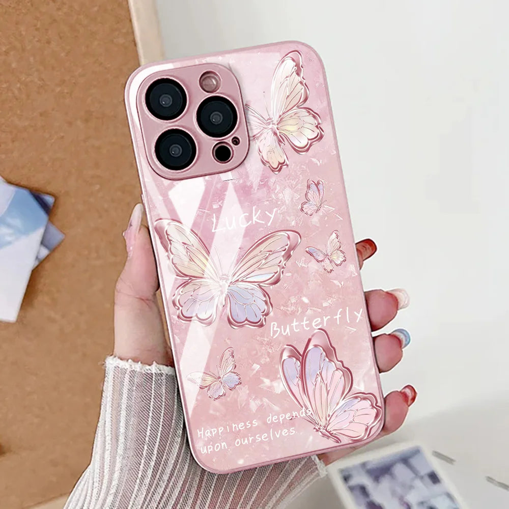 Butterfly Leopard Print Phone Case For iPhone 17 16 14 13 11 12 15 Pro Max Air 16E 8 7 Plus XR SE Tempered Glass Silicone Cover