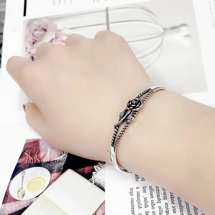925 Sterling Silver Bracelet Rose Flower Linked Vintage Punk Adjustable Chain For Woman Girl Jewelry Gift Dropship Wholesale