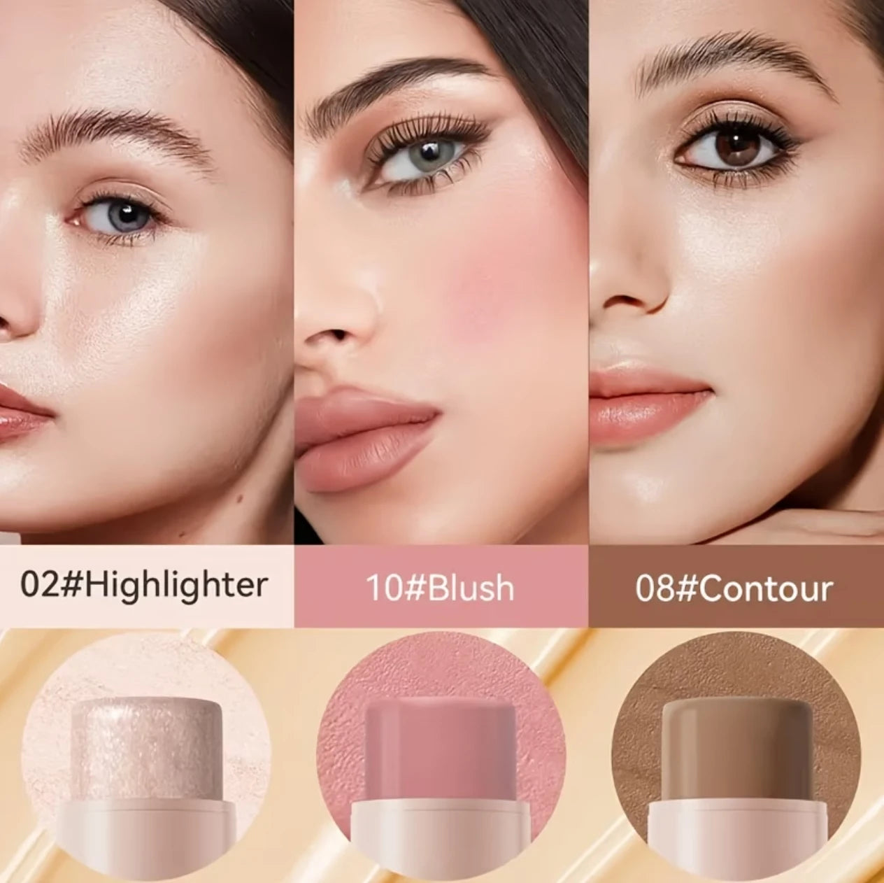 3-piece contour stick set, including blush stick, highlighter stick, bronzer stick, and eyeliner, refreshing and non-greasy, wat mbzr