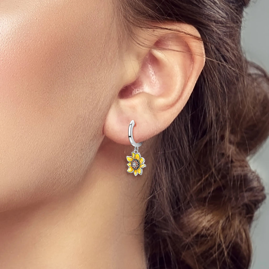 Sterling Silver Sunflower Hoop Earrings Yellow CZ Drop Women