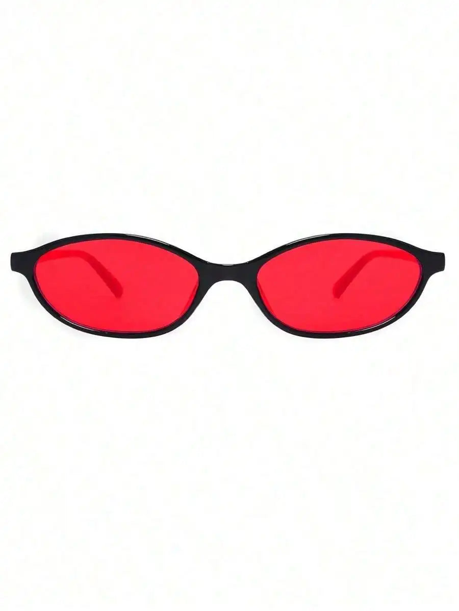 Pair Of Women's Retro Oval Fashion Glasses, Classic Glossy Black Frame With Bright Red Tinted Lens, Full Rim Minimalist Design With Smooth Temples, Sleek Statement Eyewear, Suitable For Daily Wear, Street Style, Travel, Parti mbzr