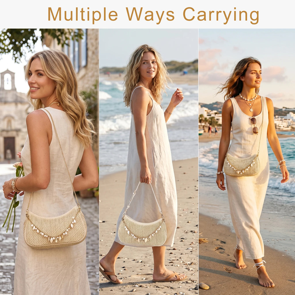 Bohemian Summer Straw Shoulder Bag with Ocean Shell, Starfish for Women Beach Vacation & Tropical Getaways Wrapped Handbags Ladies Handheld Crossbody Bags Totes mbzr