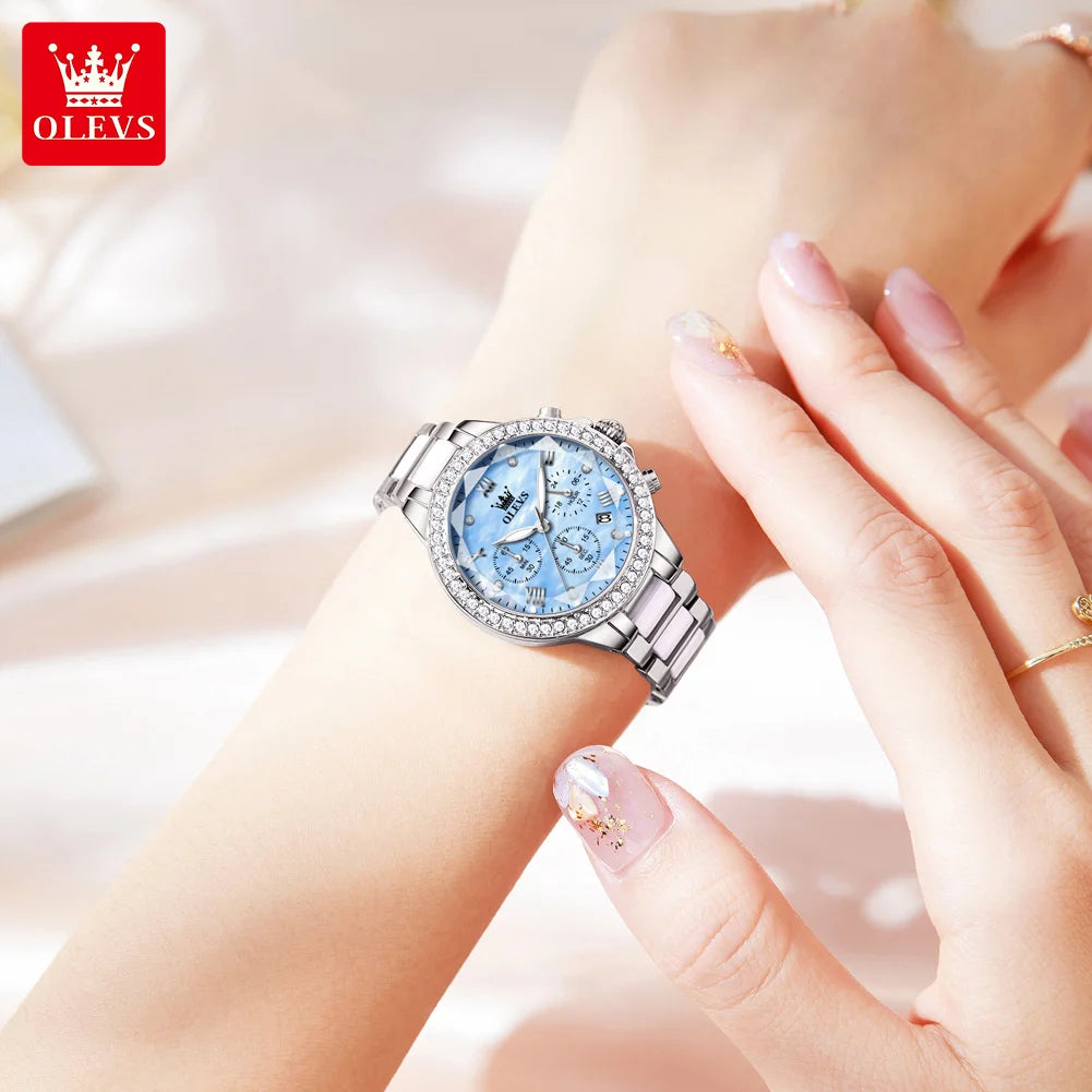 OLEVS 9999 Luxury Diamond Women Watch Fashion Blue Dial Stainless Steel Ceramic Strap Quartz Wristwatch Waterproof Calendar Window Watch