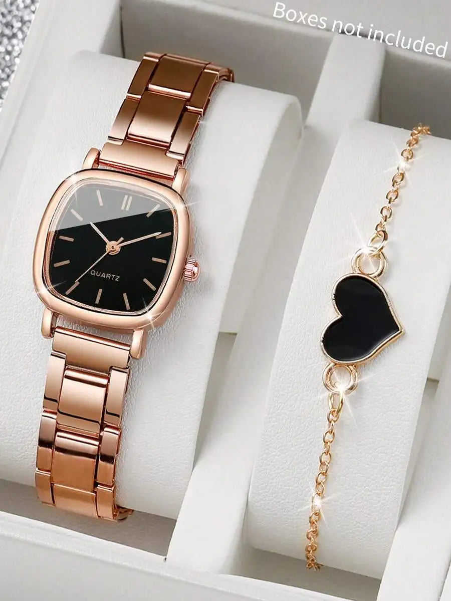 2pcs/Set Women Stainless Steel Band Square Fashion Minimalist Numeric Dial Quartz Watch & Bracelet