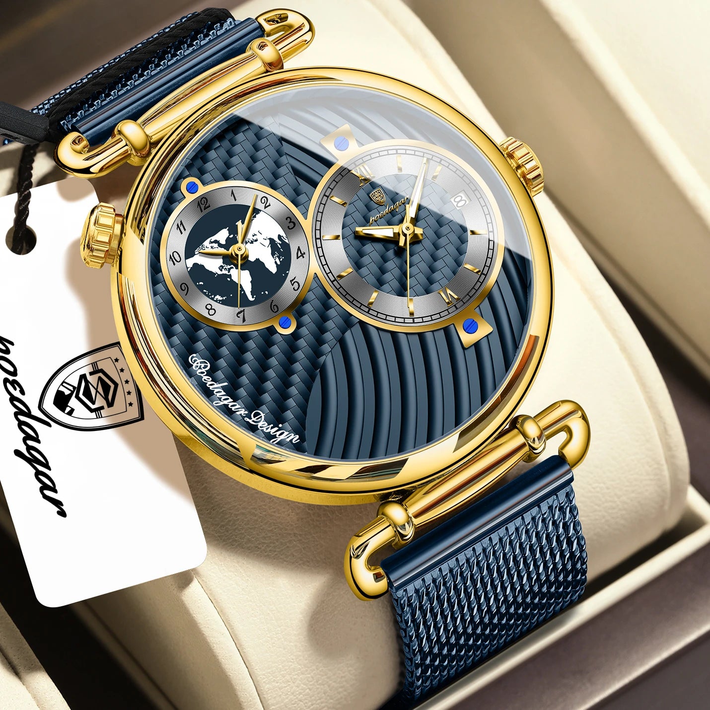POEDAGAR Original Fashion Man Wristwatch Multiple Time Zone Display Waterproof Calendar Men Watch Mesh Stainless Steel Quartz Business Men's Watches Reloj