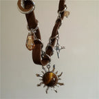 Vintage Leather Brown Stone Sun Pendant Beaded Choker Clavicle Chain Necklace For Women Unique Y2K Personalized Grunge Jewelry