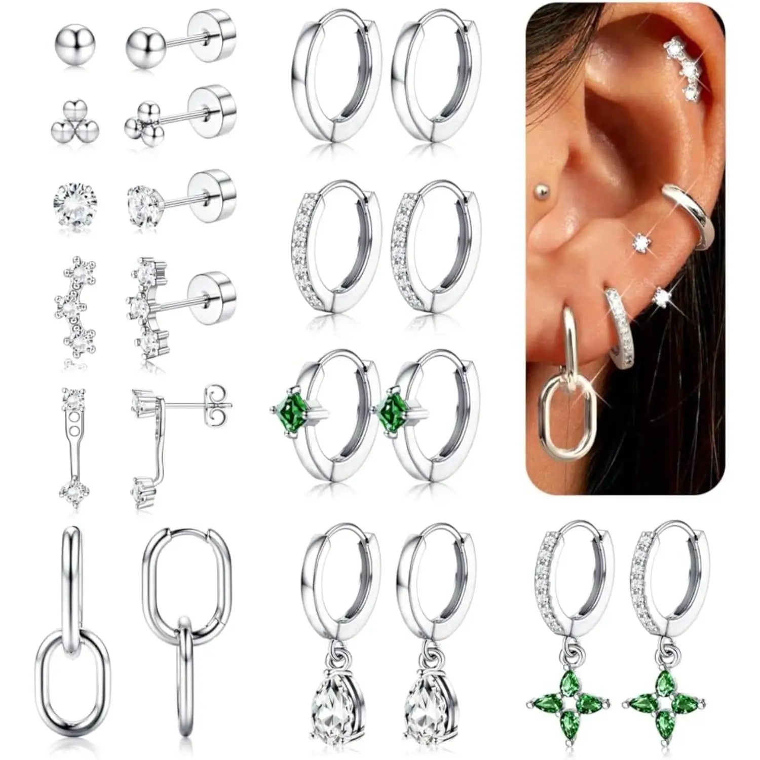 11Pairs Gold Hoop Earrings for Women-Hypoallergenic Surgical Steel Earrings 14K Gold-plated Plated Cartilage Earring Sets for Multiple Piercing Trendy Earring Stacks Flat Back Stud Hoops