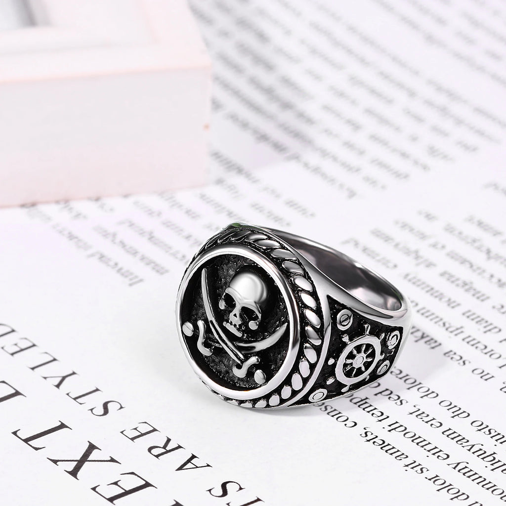 BONISKISS Vintage Pirate Signet Double Knife Death Skull Rings Men's Stainless Steel Biker Amulet Jewelry Gift Drop Shipping