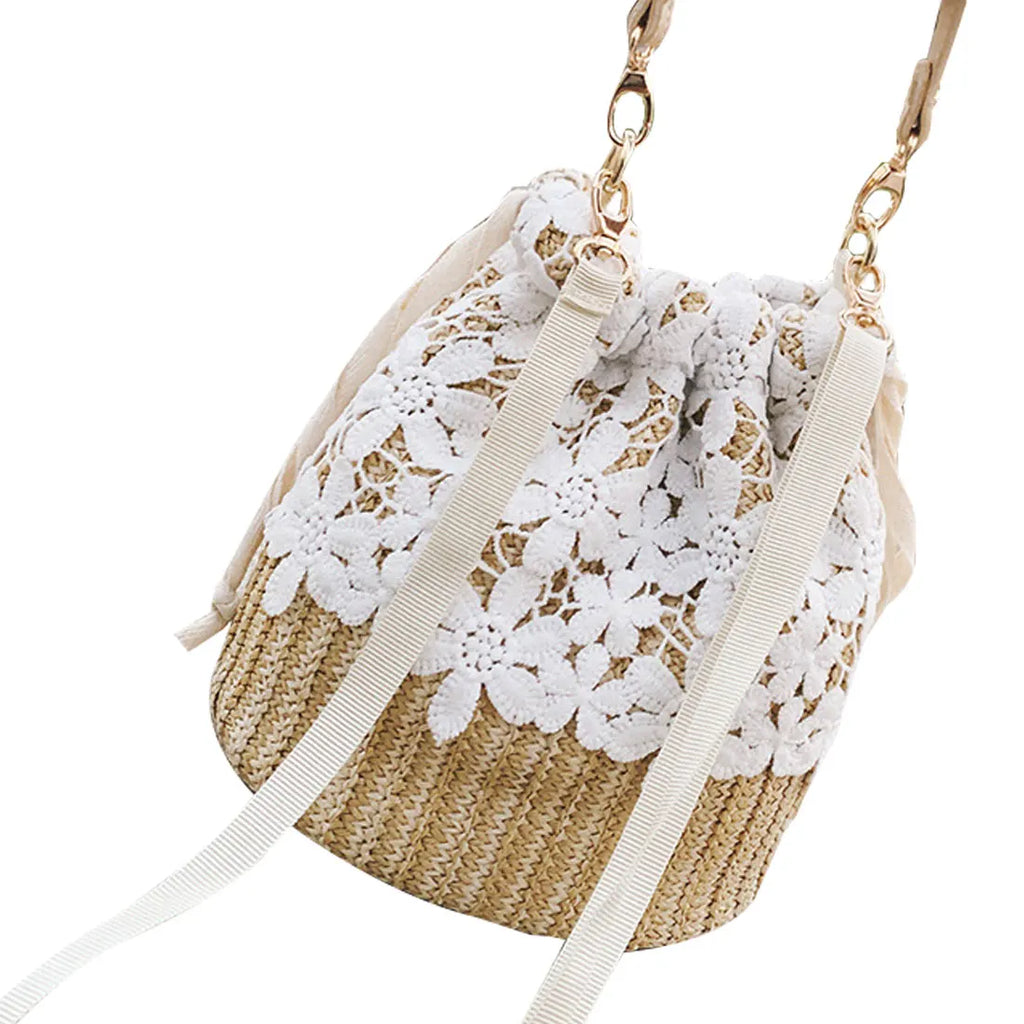Summer Straw Weave Woven Handbag Women Fashion Bucket Bag Causal Holiday Beach Bag Elegant floral Lace Shoulder Crossbody Bag 2026 mbzr