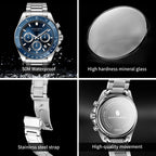 SAPPHERO Men Chronograph Watch Luxury Quartz Stainless Steel Blue Dial 50M Waterproof Mineral Glass Sport Business Wristwatch mbzr