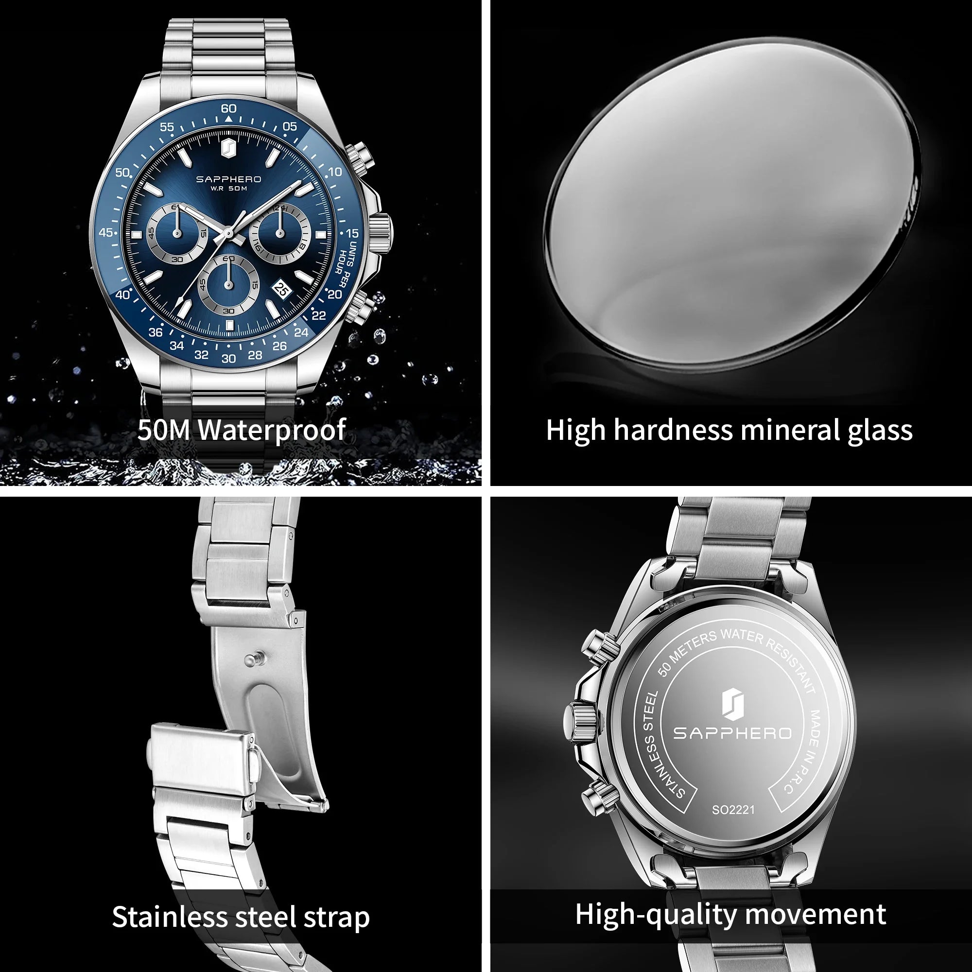 SAPPHERO Men Chronograph Watch Luxury Quartz Stainless Steel Blue Dial 50M Waterproof Mineral Glass Sport Business Wristwatch mbzr