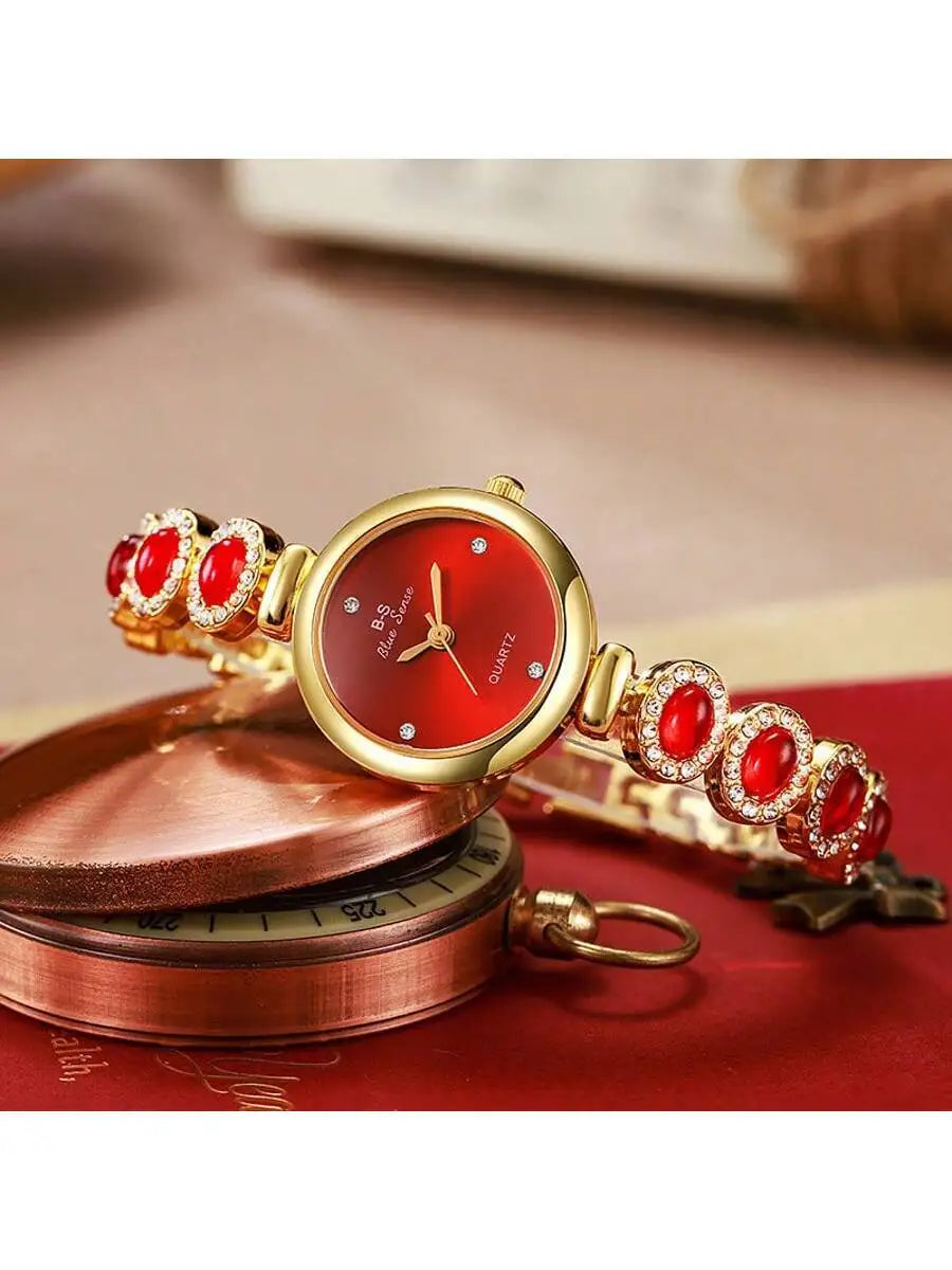 Elegant Red Rhinestone Bracelet Watch For Women Fashion Luxury Gift mbzr