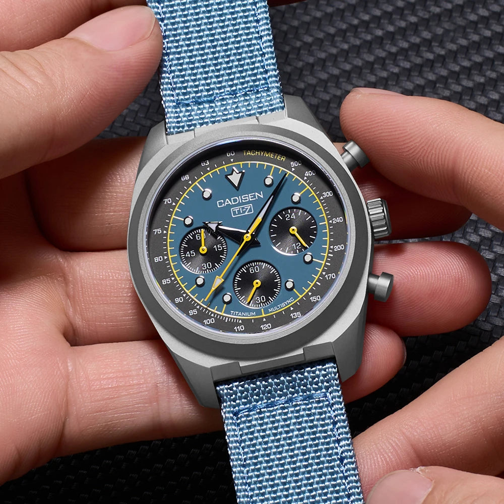 CADISEN Titanium TI-7 MULTISYNC New Moon Mens Watches Canvas Chronograph VK63 Men Gift AR Sapphire Luxury Quartz Watch For Man