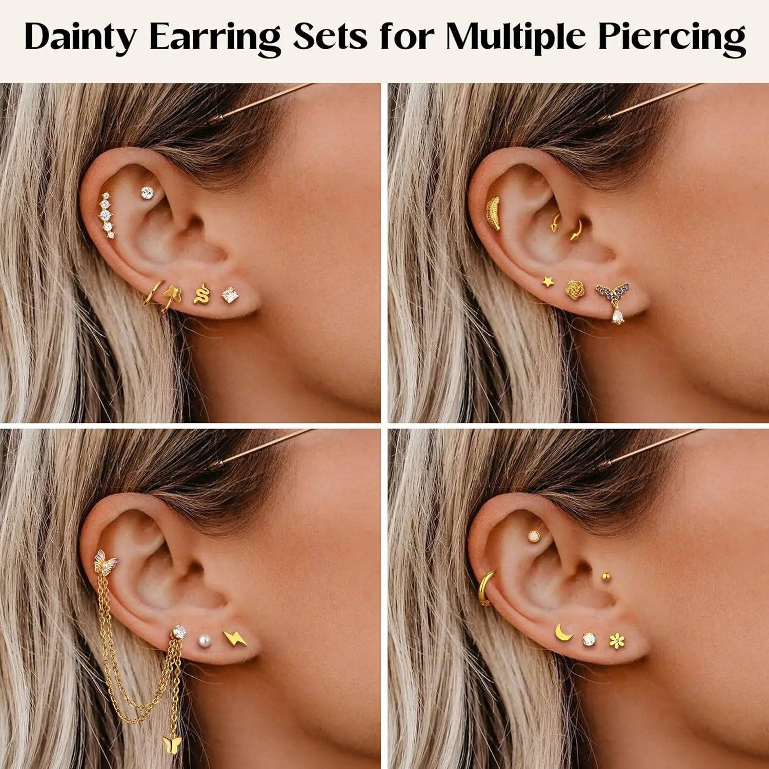 24Pcs 316L Surgical Steel Flat Back Earrings for Women Men Dangle Chain Stackable Cartilage Stud Helix Piercing Dainty Jewelry