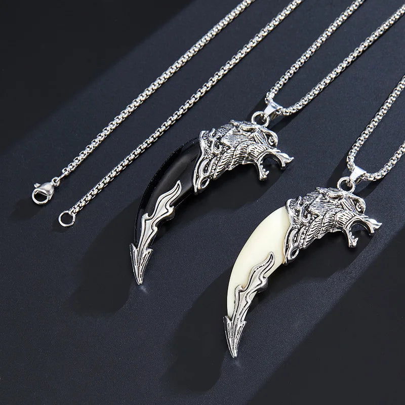 2pcs Black White Wolf Tooth Shape Necklace Set Y2K Stainless Steel Chain Pendant Necklace Jewelry Wedding Party Festival Gifts