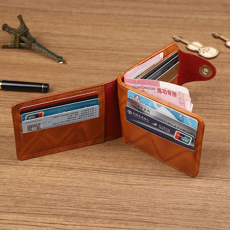 Men's Wallet Made of PU Wax Oil Skin Purse for Men Women Coin Purse Short Male Card Holder Wallets snap button Around Money Coin Purse