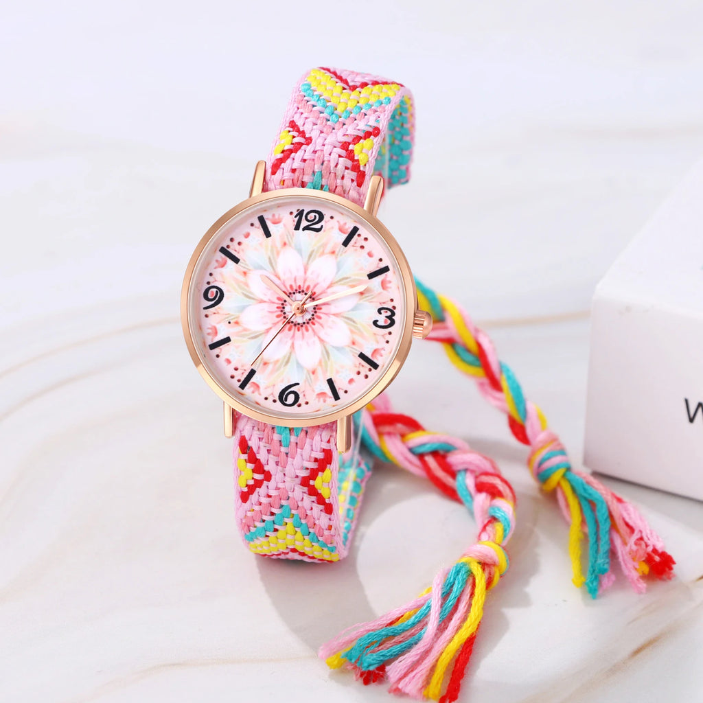 LANCARDO Bohemian Ladies Bracelet Watch Woven Rainbow Strap Floral Print Dial Analog Quartz Watch Girl Gift