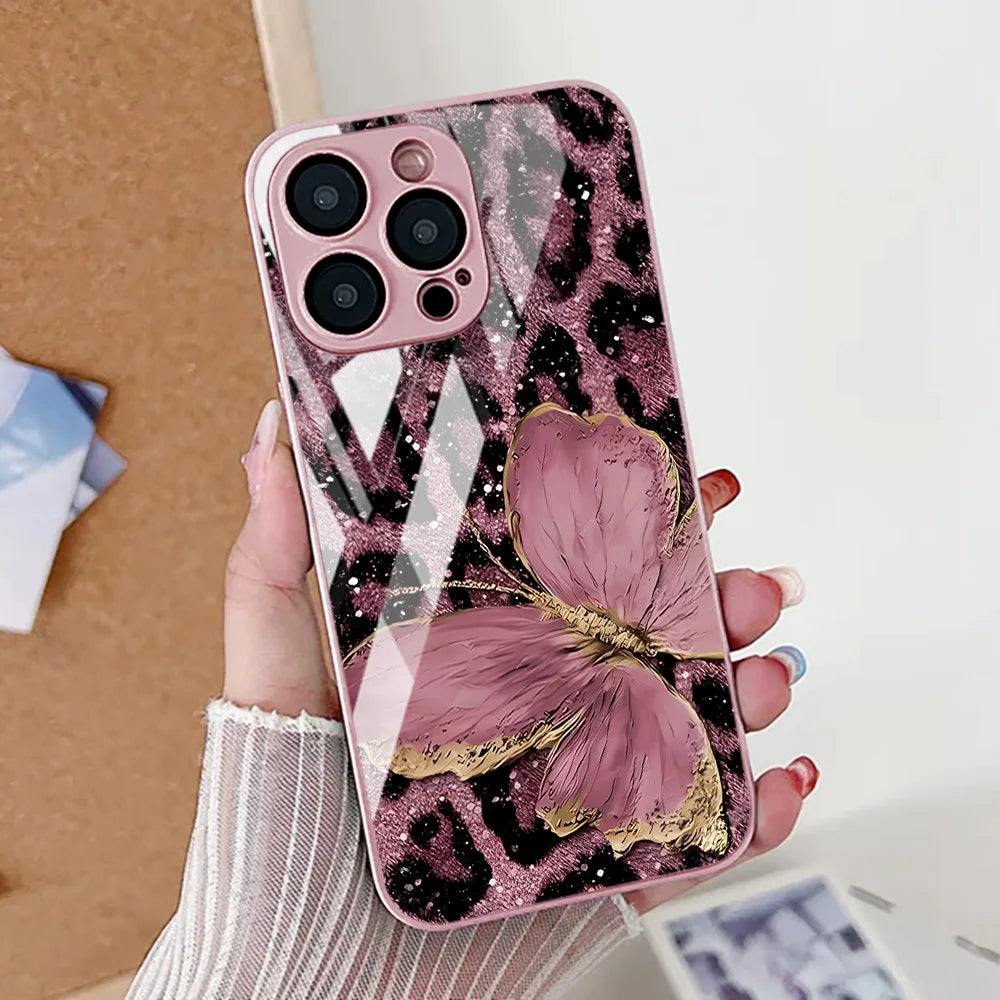 Butterfly Leopard Print Phone Case For iPhone 17 16 14 13 11 12 15 Pro Max Air 16E 8 7 Plus XR SE Tempered Glass Silicone Cover