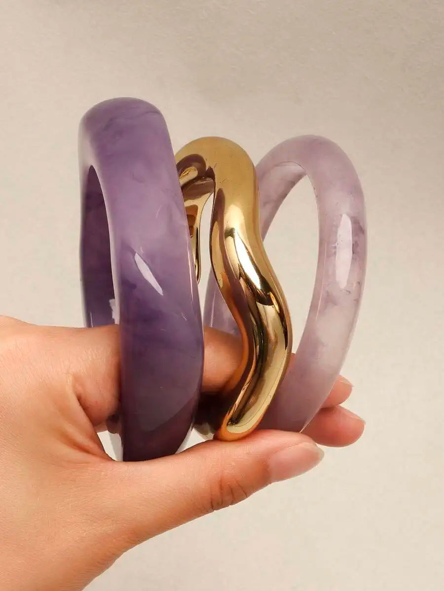 3pcs Retro Artistic Tie Dye Resin Geometric Round Bangle Bracelets For Women