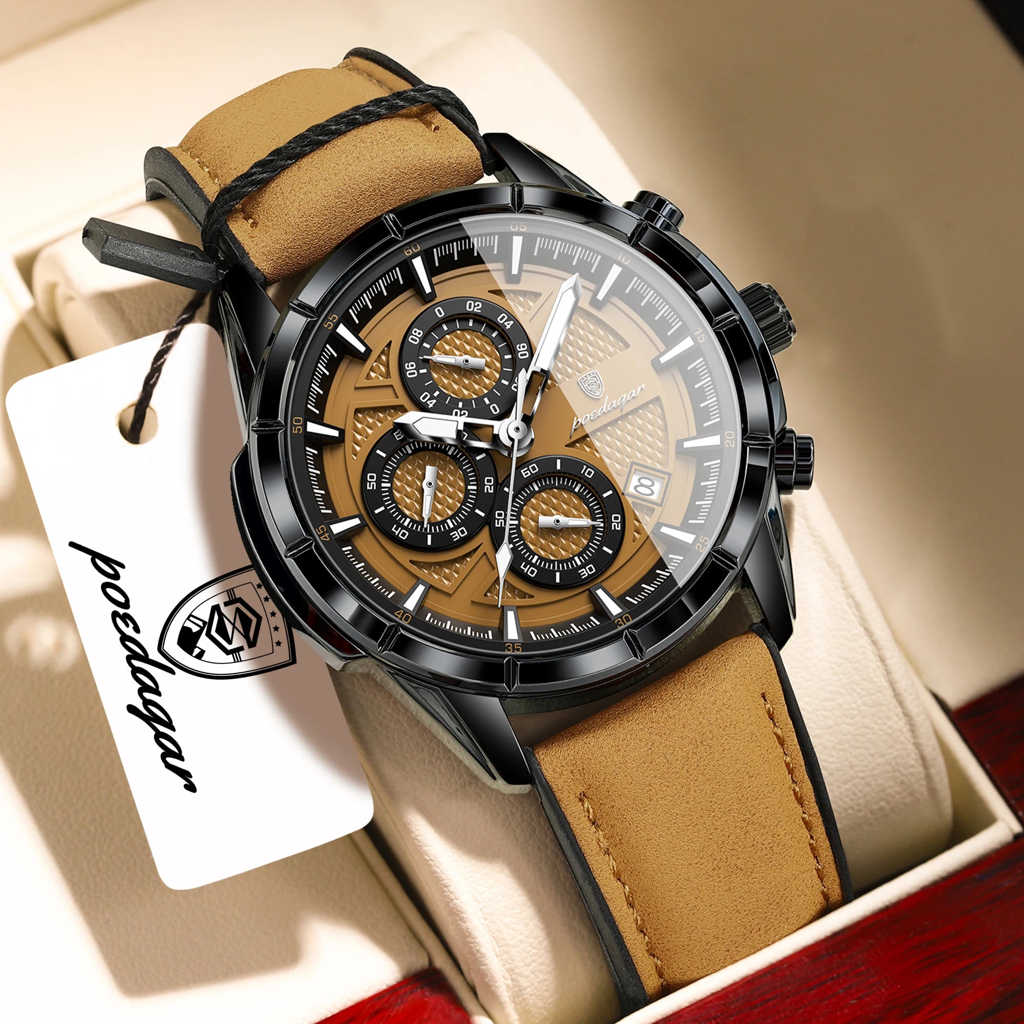 POEDAGAR Fashion Men Wristwatch Luminous Waterproof Leather Quartz Sports Men's Watches Date Chronograph Military Man Clock Gift mbzr