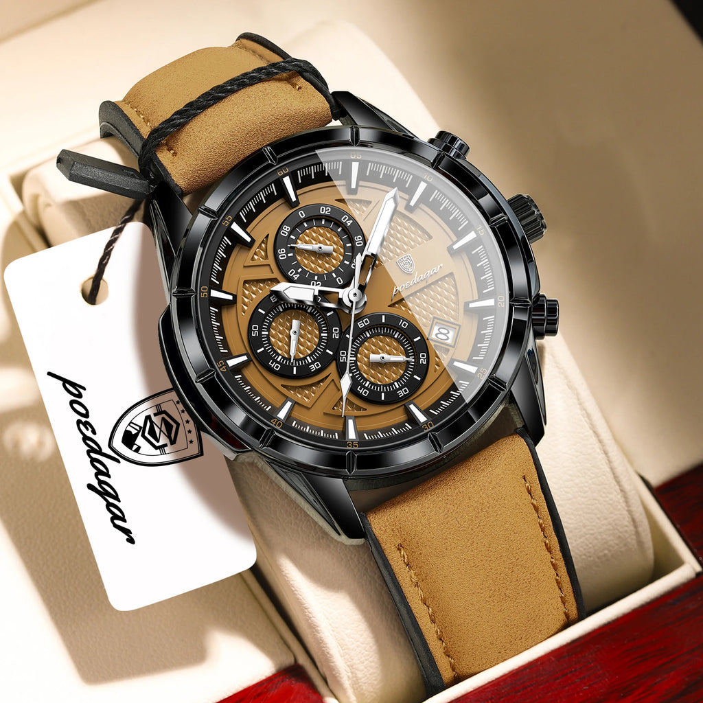 POEDAGAR Fashion Men Wristwatch Luminous Waterproof Leather Quartz Sports Men's Watches Date Chronograph Military Man Clock Gift