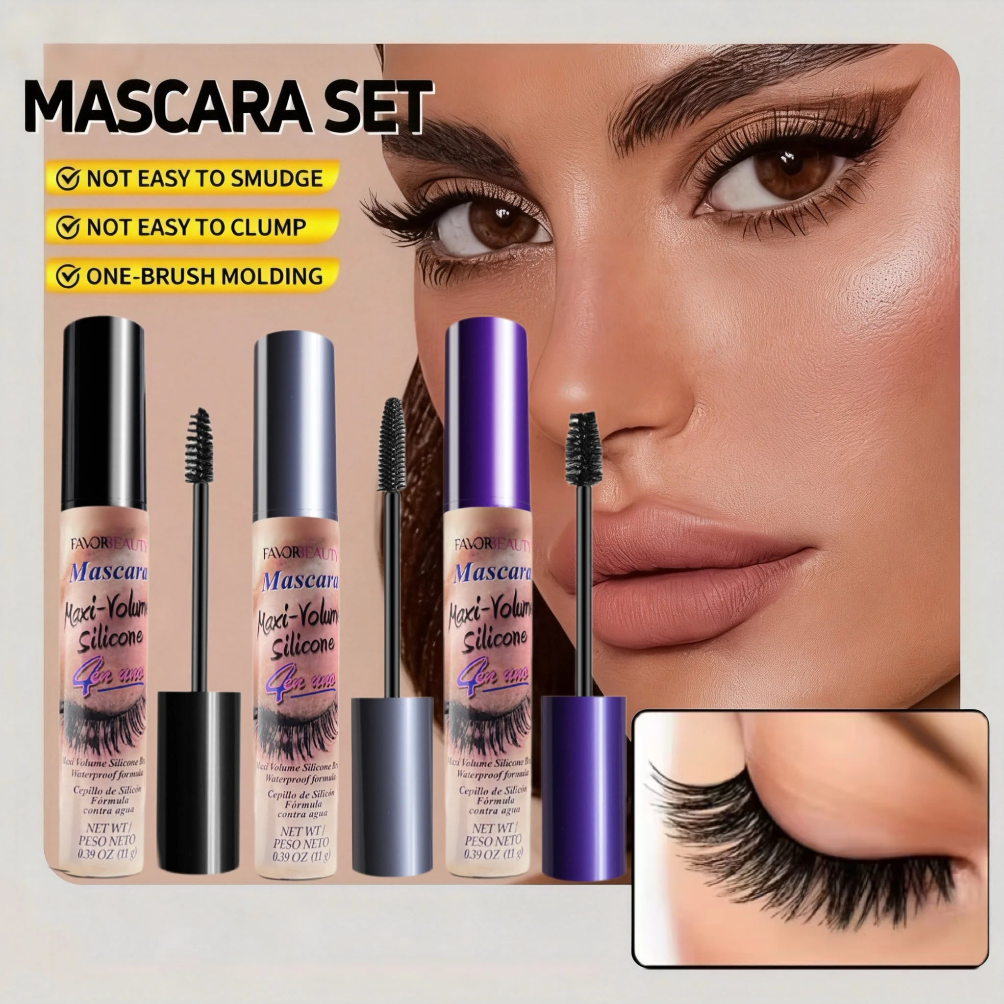 3-Pack Volumizing Mascara Set Includes three different brush heads, waterproof, long-lasting, creates thicker lashes. mbzr