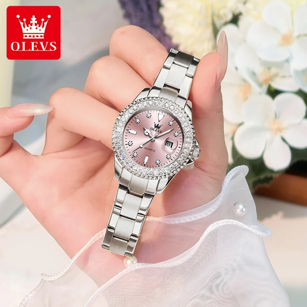 OLEVS 9945 Luxury Women Original Quartz Movement Watch Diamond Scale Stainless Steel Bracelet Luminous Function 30M Waterproof Watch mbzr