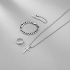 Men's Stainless Steel Jewelry Set: Cross Pendant Necklace + Cuban Link Bracelet + Engraved Band Ring - Fashion Hip Hop Accessori mbzr