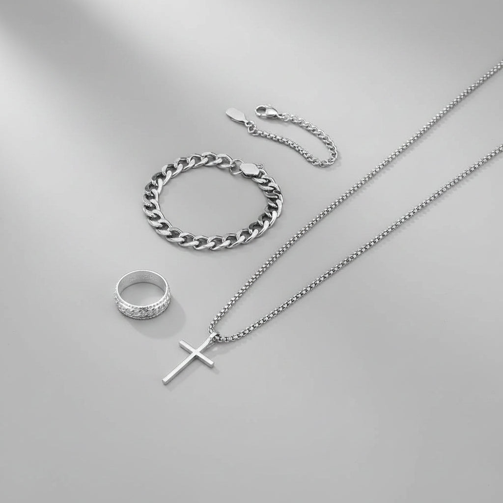Men's Stainless Steel Jewelry Set: Cross Pendant Necklace + Cuban Link Bracelet + Engraved Band Ring - Fashion Hip Hop Accessori mbzr