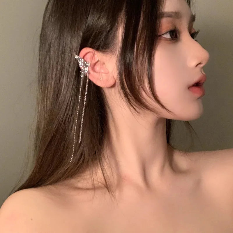 2026 Fashion Butterfly Ear Clips Women's Ear Piercing Tassel Ear Bone Clips Niche Feeling Wings Ear Hanging Ear Bone Earrings