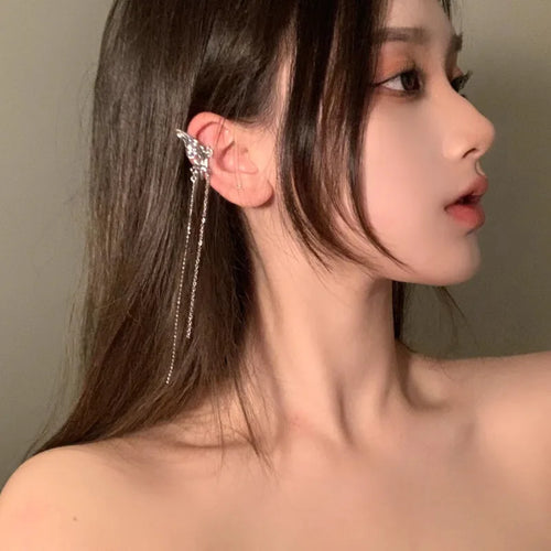 2026 Fashion Butterfly Ear Clips Women's Ear Piercing Tassel Ear Bone Clips Niche Feeling Wings Ear Hanging Ear Bone Earrings