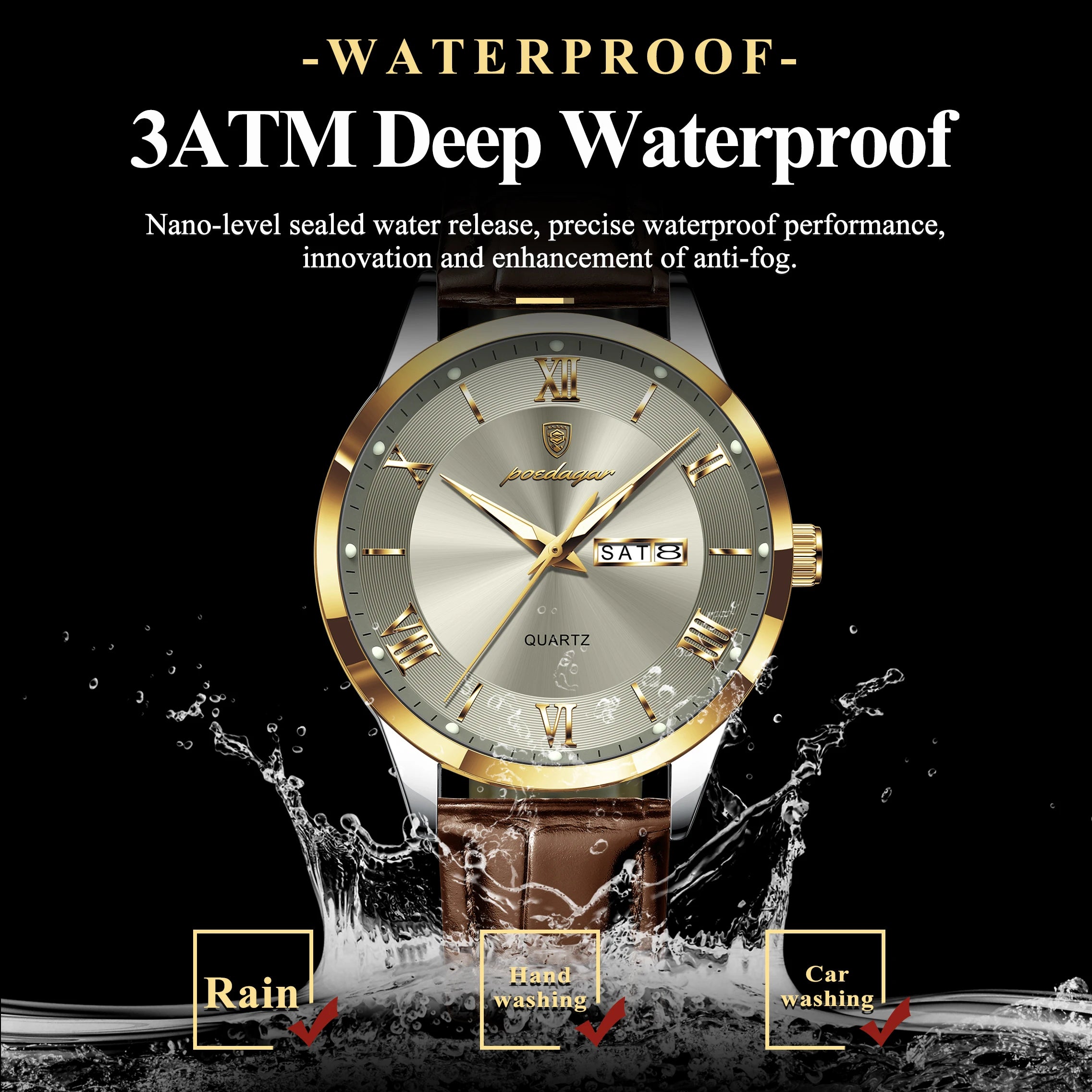 POEDAGAR Original Fashion Men's Watches Leather Date Week High Quality Quartz Men Wristwatch Waterproof Luminous Business Watches For Man Male Reloj