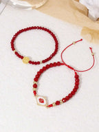 2pcs Vintage Red Artificial Crystal Beads Jesus Charm Adjustable Bracelet Set For Women