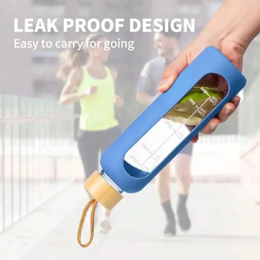 18 OZ Glass Water Bottles With Time Marker For Offices And Gyms Blue Leakproof Glass Bottles With Silicone Sleeves mbzr