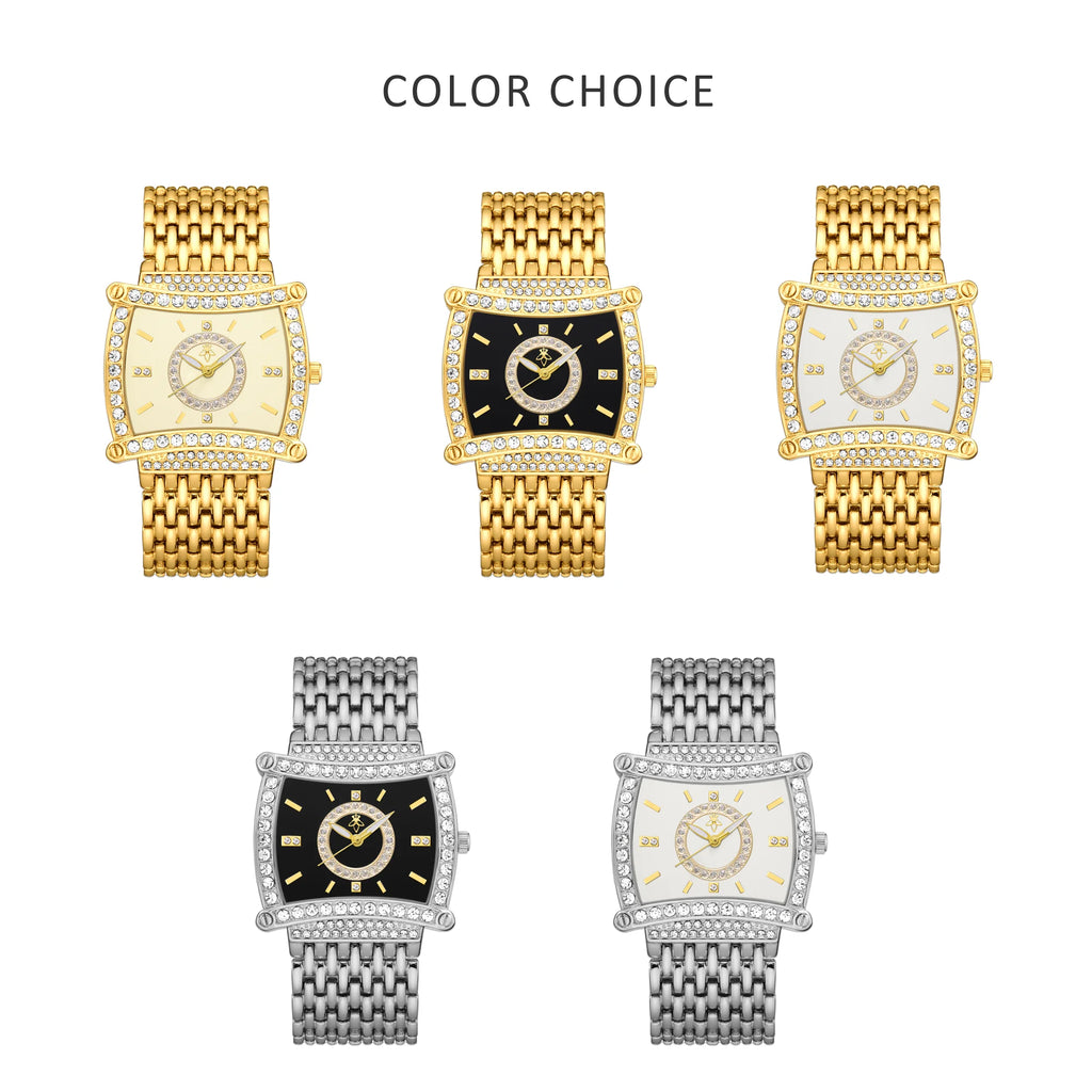 YaLaLuSi Tonneau Square Full Rhinestone Women Watch Black  Dial Double Halo Crystal Bezel Multi-Row Gold Link Bracelet Ladies Quartz Dress Wristwatch