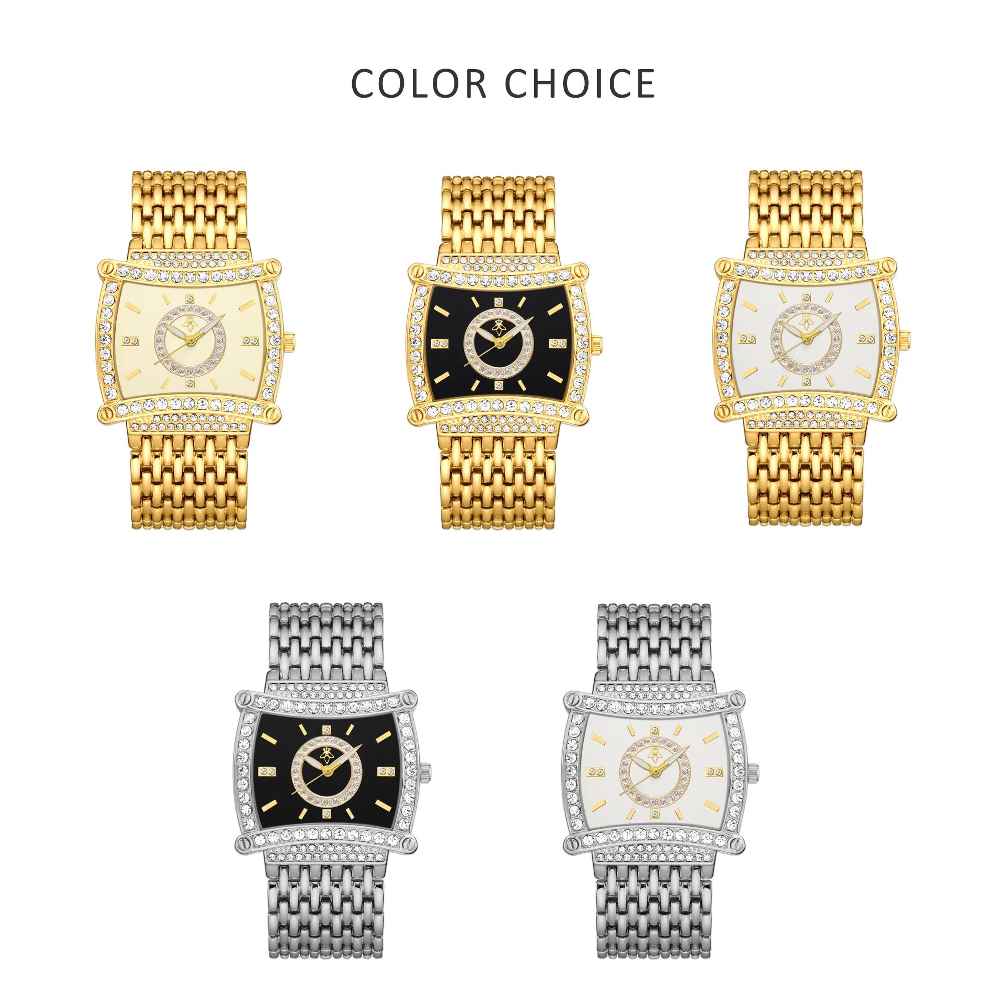 YaLaLuSi Tonneau Square Full Rhinestone Women Watch Black  Dial Double Halo Crystal Bezel Multi-Row Gold Link Bracelet Ladies Quartz Dress Wristwatch