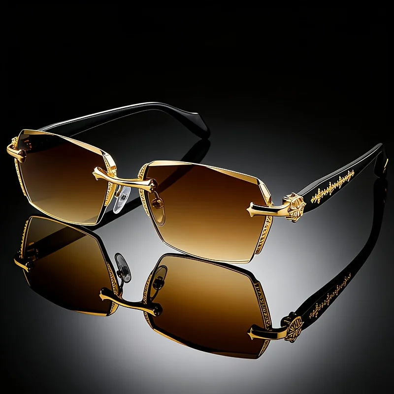 New classic retro square frameless small frame trendy daily casual wear sunglasses, metal frame + PC lenses, unisex street sunglasses, simple and advanced sense, light and no nose pressure, showing a small face artifact