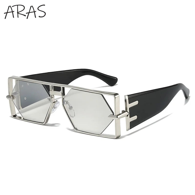 Steampunk Rectangle Sunglasses Hexagon Hollow Metal Vintage Frame Luxury Eyewear UV400 Shades