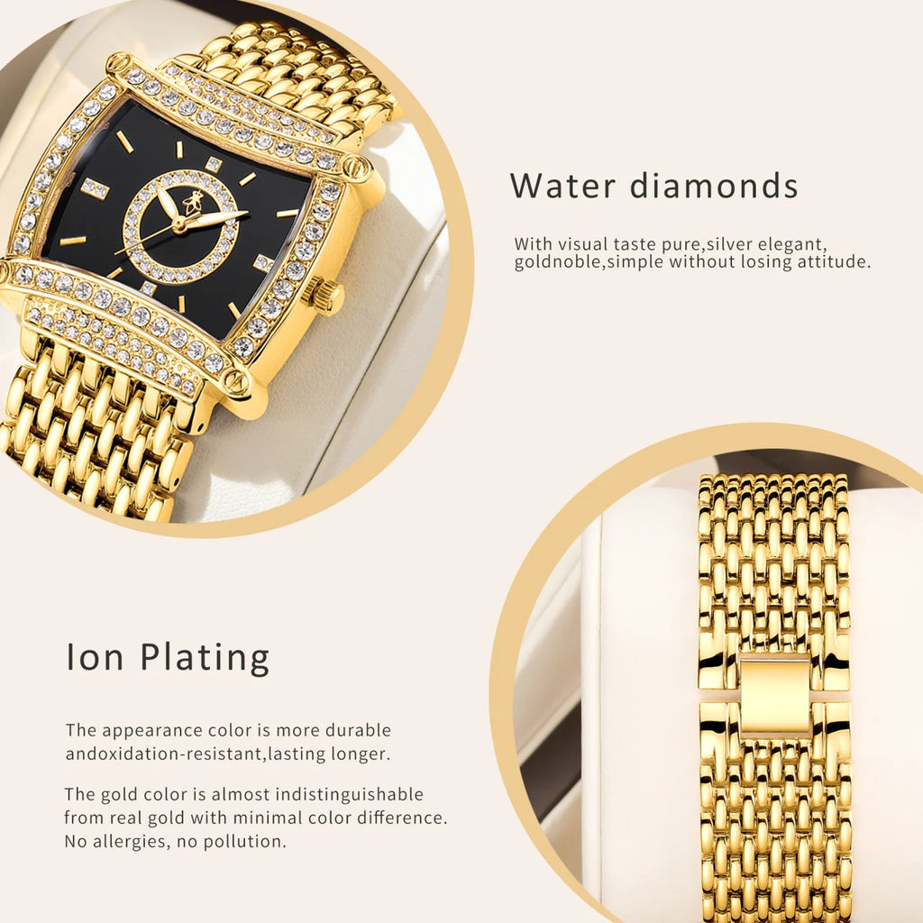 YaLaLuSi Tonneau Square Full Rhinestone Women Watch Black  Dial Double Halo Crystal Bezel Multi-Row Gold Link Bracelet Ladies Quartz Dress Wristwatch